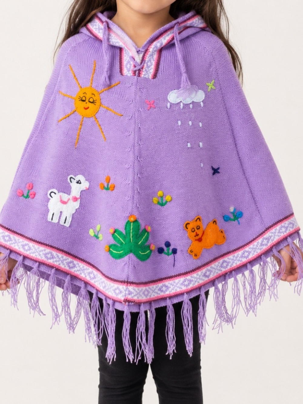 Kids Lavender Hooded Embroidered Poncho Jacket with Fringe
